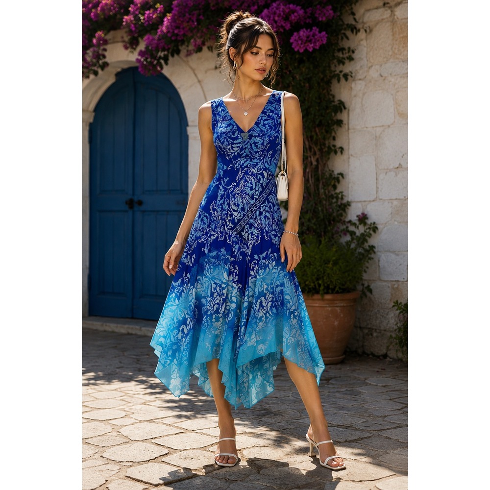 Rabbit Rabbit Rabbit Designs Y2K Blue Paisley Handkerchief Hem Midi Dress 12